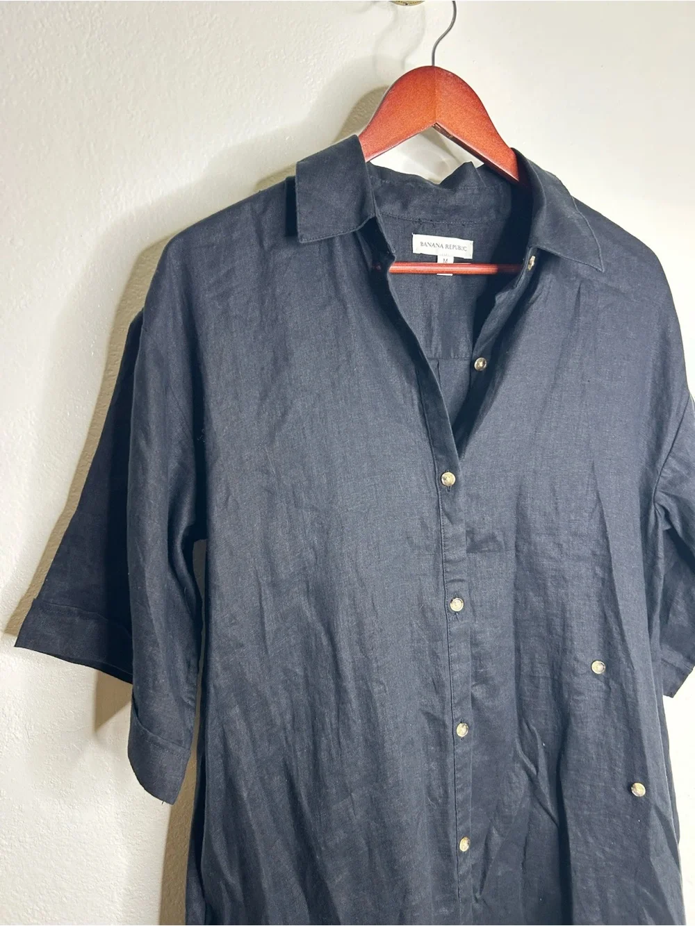 Banana Republic 100% Linen Black Asymmetrical Button Down Shirt Dress - Picture 6 of 15